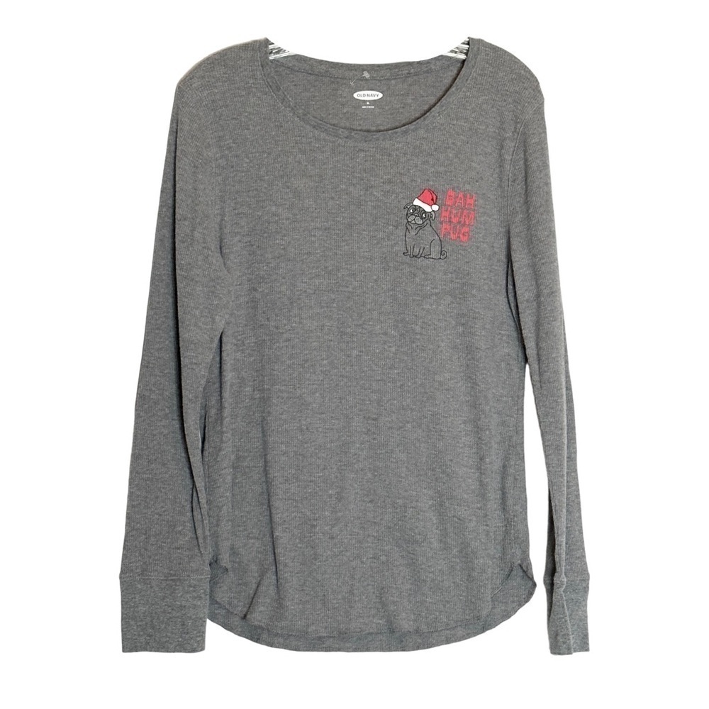 🌺 Old Navy Bah Hum Pug Waffle Thermal Gray Long Sleeve Shirt Jrs XL Christmas